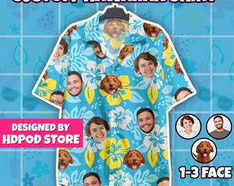 Custom Hawaiian Shirt with Face Men Women, Custom Pet Shirt, Hawaiian Flower Summer Camping Blue Shirt Gift Thanksgiving