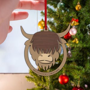 Highland Kuh Ornament - Mooooey Weihnachten Kuh Ornament - Bauernhaus Ornament aus Holz, Weihnachtsschmuck witzige Geschenkidee