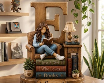Personalized Wooden Book Lover Figurine, Custom Initial Letter Name Block,, Personalized Bookish Shelf Art, Cozy Library Decor, Reader Gift