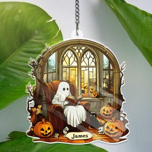Personalized Ghost Reading ACRYLIC Window Hanging Decor Halloween Pumpkin Cat Gothic Faux Stained Glass Suncatcher Custom Name Spooky Decor