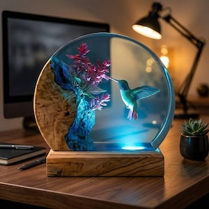 May include: A circular resin sculpture featuring a hummingbird hovering near pink flowers, set against a natural wood grain background. The piece is mounted on a rectangular wooden base and illuminated from below, creating a glowing blue effect.