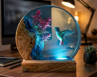 Hummingbird Resin Lamp, Handmade Epoxy Wood Night Light, Floral Botanical Desk Decor, Unique Bird Lover Gift for Mom Nature Art