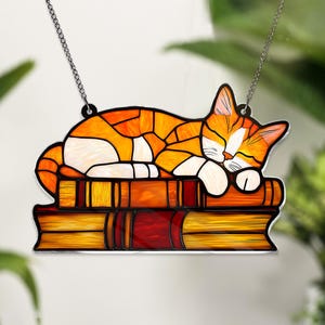 Orange Cat And Book ACRYLIC Ornament Decor Book Lover Gift Reading Cat Acrylic Window Hanging Cat Lover, Librarian Gift NOT GLASS