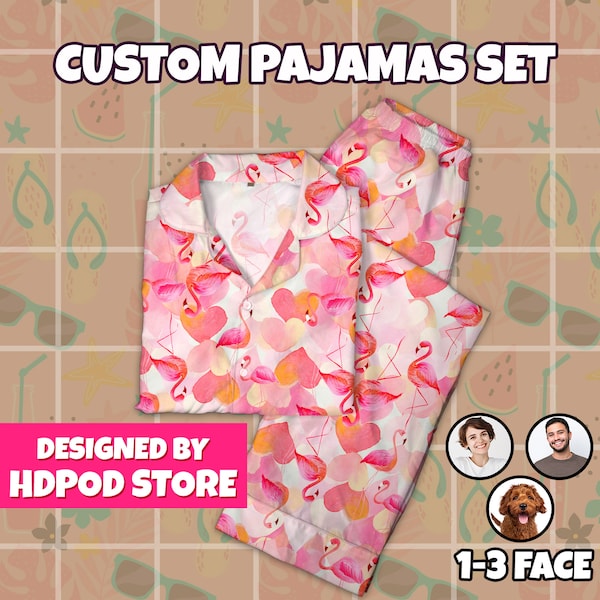 Pyjama rose grue personnalisé pour vacances d'été, pyjama visage personnalisé, pyjama personnalisé pour animal de compagnie, cadeaux