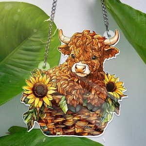 ACRYLIC Highland Cow Sun Catcher Cute Cow Window Hanging with Sunflower Rustic Farmhouse Animal Decor Handmade Glass Art Gifts Idea