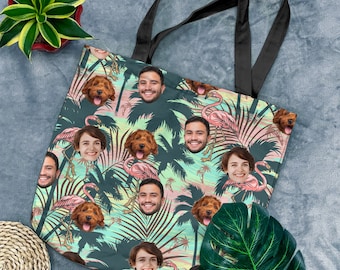 Custom Beach Vibes Tote bag, Tropical Leaves Custom Face on Tote Bag with Men Women Pet, Vocation Tote Bag Unisex Gifts