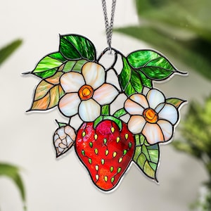 Strawberry Branch ACRYLIC window hanging ornament, ACRYLIC Strawberry Floral Home Decor, Housewarming Gift for Nature Lovers