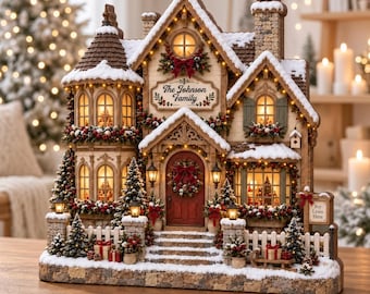 Personalized Christmas House Decor, Custom Family Name Wooden House, Christmas Village Keepsake, New Home Gift, Holiday Tabletop Decor