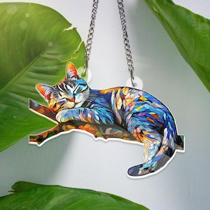 Faule Katze ACRYL Fenster hängen Dekor Ornament, Katze Fenster Dekor Katzenliebhaber Geschenk Lese Katze Acryl Fenster hängenden Katzenliebhaber Geschenk