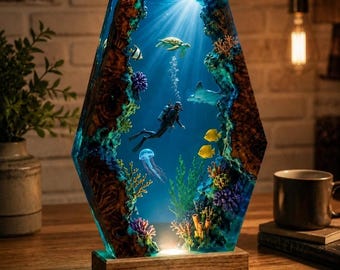 Scuba Diver Resin Lamp, Underwater Ocean Night Light, Handmade Wood Epoxy Lamp, Personalized Diver Gift, Christmas Gift, Resin Night Light