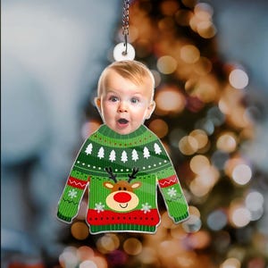 Custom Photo Funny Kid In Christmas Ugly Sweater, Personalized Kid&#39;s Face Christmas Ornament, Personalized ACRYLIC Ornament Window Hanging