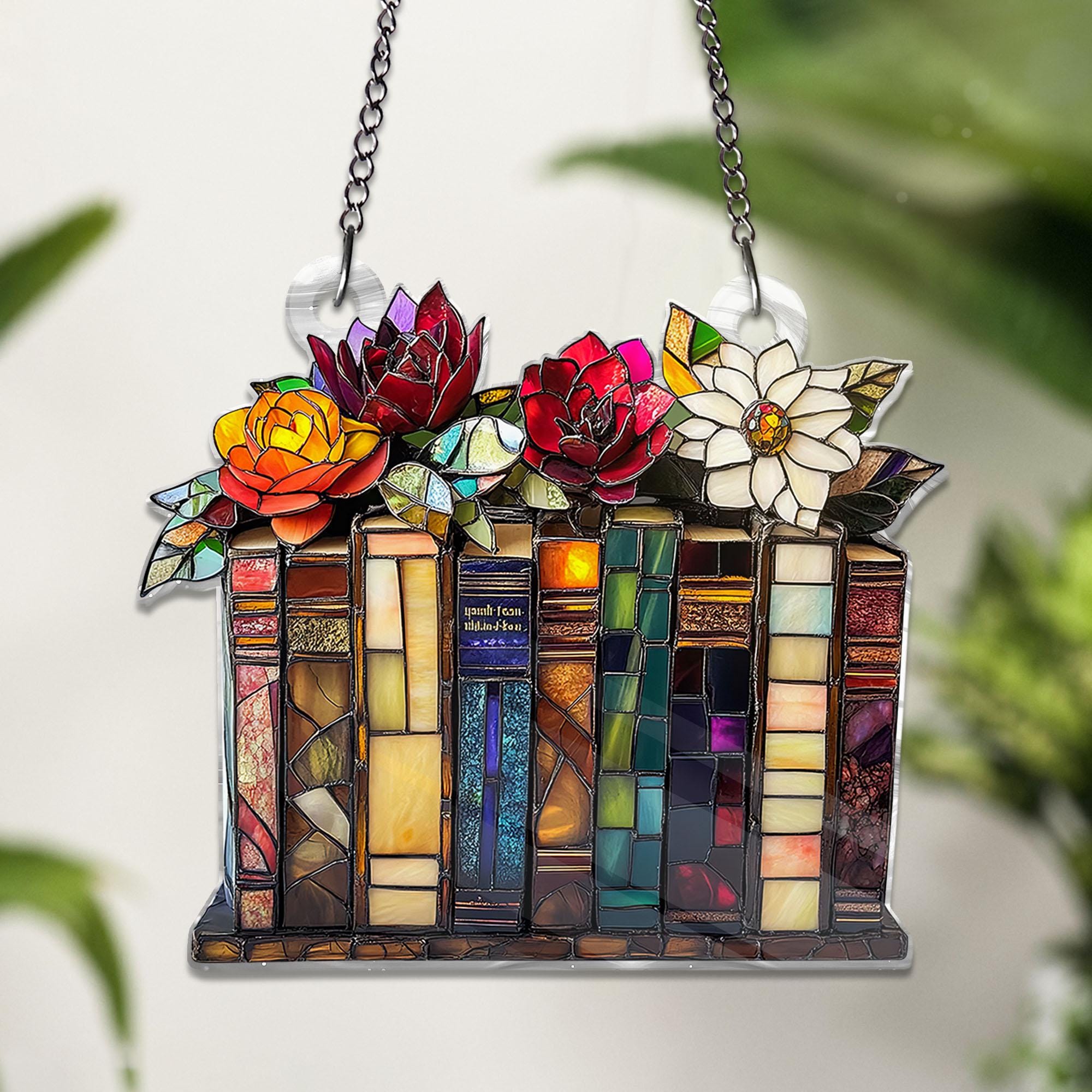 Flower Book ACRYLIC Window Hanging Decor, Book Lover Gift, Book Club Gift, Book Lover, Book Reader Gifts, Book Club Ornament NOT GLASS