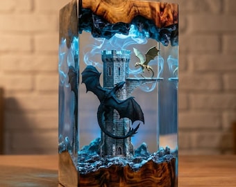 Fantasy Dragon Resin Lamp, Handmade Resin Art Light, Dragon Castle LED Night Light, Medieval Fantasy Decor, Unique Desk Lamp, Gamer Gift