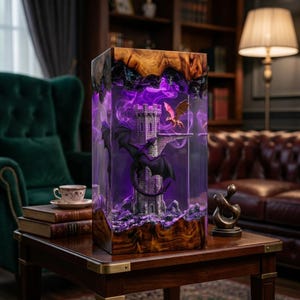 Lampada da notte a LED a forma di drago fantasy, realizzata a mano in resina, con castello di draghi, decorazione fantasy medievale, lampada da scrivania unica, regalo per gamer. immagine 6