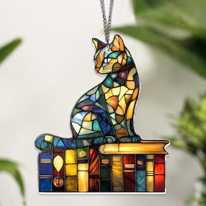 Cat And Book ACRYLIC, Book Window Decor, Book Lover Gift Reading Cat Acrylic Window Hanging Cat Lover Gift, Librarian Gift