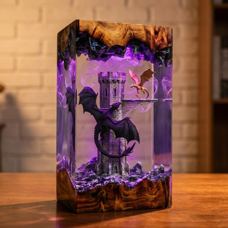Pu&ograve; includere: Una lampada rettangolare con base e parte superiore in legno naturale e un centro in resina trasparente. All'interno della resina, una torre color pietra &egrave; circondata da luce viola ed effetti di fumo. Un drago nero &egrave; appollaiato sulla torre, mentre un drago rosso pi&ugrave; piccolo vola nelle vicinanze.