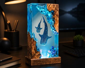 Whale Shark Resin Lamp, Ocean Night Light, Handmade Epoxy Wood Lamp, Marine Life Decor, Beach House Gift for Him