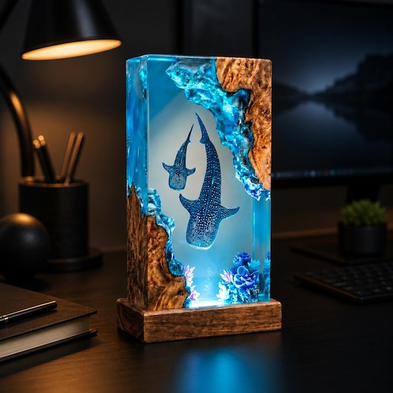 Whale Shark Resin Lamp, Ocean Night Light, Handmade Epoxy Wood Lamp, Marine Life Decor, Beach House Gift for Him