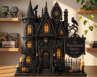 Personalized Halloween Haunted House Wooden Block, Halloween Gothic Spooky House Decor, Tabletop Sign, Custom Fall Shelf Decoration