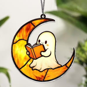 Cute Ghost Reading book Suncatcher, Ghost Reading On The Moon ACRYLIC Window Hanging, Reading Book, Book Lovers Gift, Gift For Bookish