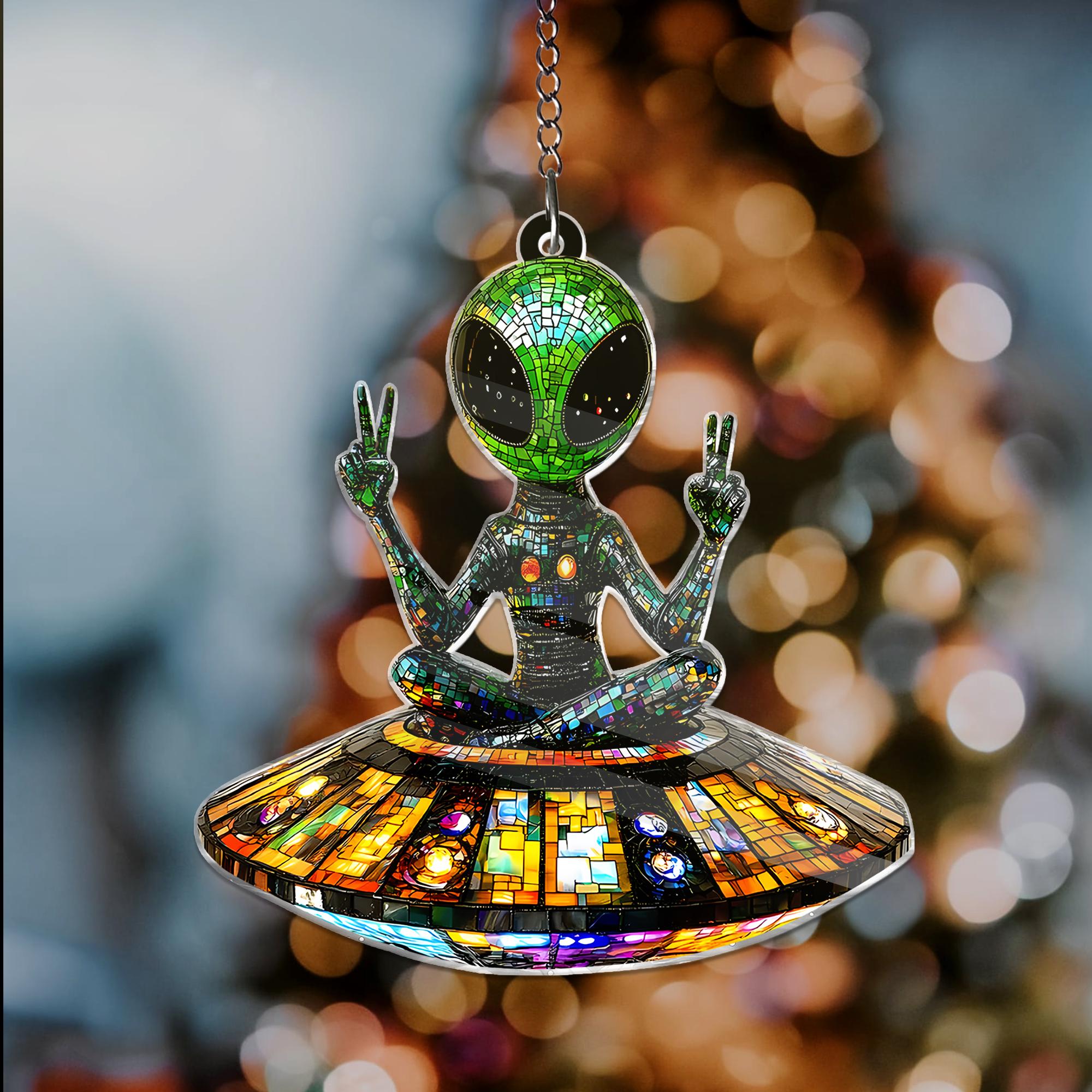 BOXCASA Alien UFO Stained Glass Suncatcher | Window Hanging Decor With Cat Abduction Scene - Unique Alien Lover Gift