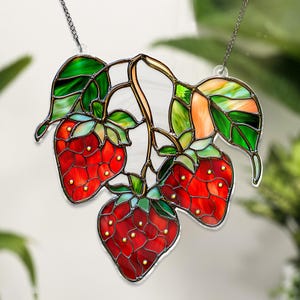 Strawberry Branch ACRYLIC window hanging ornament, ACRYLIC Strawberry Floral Home Decor, Housewarming Gift for Nature Lovers