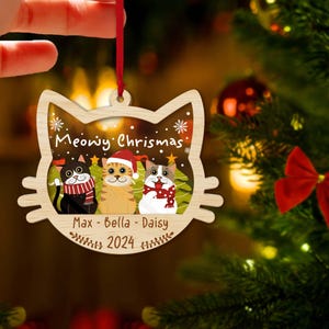 Spersonalizowana ozdoba świąteczna z kotem na Boże Narodzenie 2024, spersonalizowana ozdoba świąteczna z miauczącym motywem, słodka ozdoba z głową kota, prezenty dla miłośników kotów, świąteczne dekoracje dla kociej mamy