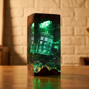 Könnte beinhalten: Eine rechteckige Harzlampe mit einem dunklen Holzsockel und einem leuchtend grünen Inneren. Das Design zeigt eine blaue Polizeibox mit der Aufschrift Police Public Call Box, die in einem wirbelnden, ätherischen grünen Lichteffekt eingebettet ist.
