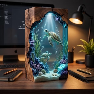Sea Turtle Resin Lamp, Ocean LED Night Light, Handmade Epoxy Wood Marine Decor, Turtle Lover Gift, Beach House Desk Lamp, Coastal Gift