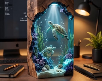 Sea Turtle Resin Lamp, Ocean LED Night Light, Handmade Epoxy Wood Marine Decor, Turtle Lover Gift, Beach House Desk Lamp, Coastal Gift