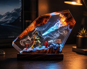 Firefighter Lamp, Handmade Resin LED Light, Fathers Day Gift for Firefighter, Retirement Gift, Fireman Desk Decor