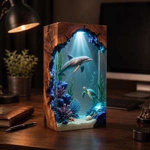 Pode incluir: Uma lâmpada retangular de madeira com um centro preenchido por resina que retrata uma cena subaquática com um golfinho, uma tartaruga marinha, coral e um fundo arenoso. A luz LED interna ilumina a resina azul, destacando a vida marinha.