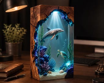 Dolphin Resin Lamp, Ocean Night Light, Sea Turtle Underwater Decor, Epoxy Wood Desk Lamp, Marine Life Gift