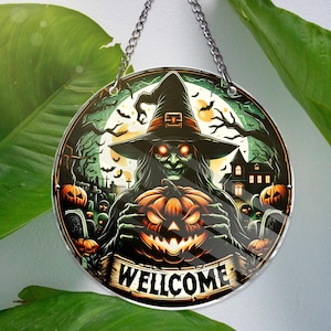 Halloween Witch ACRYLIC Window Hanging Decor Faux Stained Glass Suncatcher Haunted House Pumpkin Decor Spooky Gothic Home Ornament