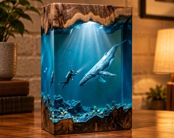 Humpback Whale Resin Lamp, Scuba Diver Night Light, Epoxy Wood Diorama Art, Ocean Home Decor, Unique Birthday Gift for Diver