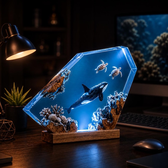 Orca Resin Lamp, Sea Turtle Ocean Night Light, Coral Reef Epoxy Art, Marine Life Decor, Gift for Ocean Lover
