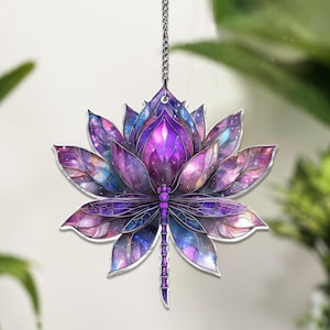 ACRYLIC Dragonfly Lotus Acrylic Ornament, Dragonfly Window Decor Lotus Lover Gift Dragonfly Acrylic Window Hanging House Decor NOT GLASS