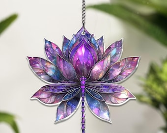 ACRILICO Ornamento in acrilico a forma di libellula e loto, decorazione per finestra a forma di libellula, regalo per amanti del loto, decorazione per finestra in acrilico a forma di libellula, NON IN VETRO