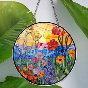 Wildflowers ACRYLIC Window Hanging, Sunset Stained Glass EFFECT Decor, Housewarming Gift, Home Decor, Acrylic Window Hanger