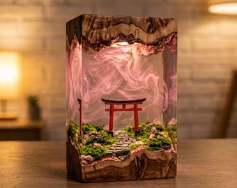 Torii Gate Resin Lamp, Japanese Garden Night Light, Epoxy Wood Diorama Art, Asian Home Decor, Unique Birthday Gift for Anime Fan