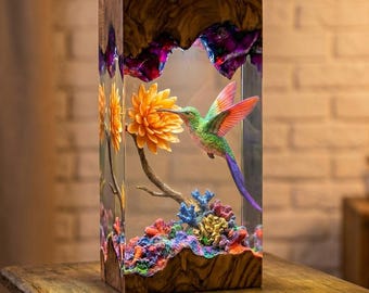 Handgemaakte kolibrielamp van hars, bloemvormig LED-nachtlampje, houten tafellamp van epoxyhars, natuurgeïnspireerd woondecoratiecadeau, decoratielamp van hars