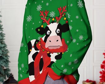 Maglione di Natale brutto e divertente a forma di mucca, felpa