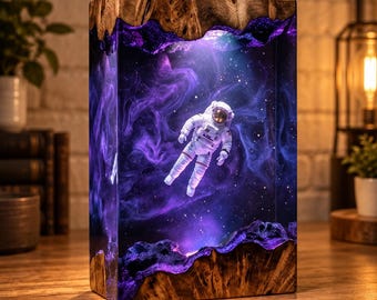 Astronaut Epoxy Resin Lamp, Galaxy Space Night Light, Nebula Wooden Resin Art, Cosmic Room Decor, Unique Xmas Gift for Space Lover