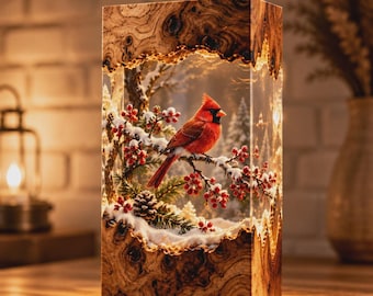 Christmas Resin Lamp, Cardinal Bird Christmas Decor, Winter LED Night Light, Wood Epoxy Lamp, Holiday Gift for Bird Lover