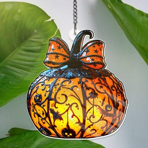 Halloween Pumpkin Lantern Hanging Light with Bats and Stars ACRYLIC Hanging Decor Carved Fall Decor for Spooky Autumn Home or Party Display