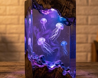Jellyfish Resin Lamp, Glowing Sea Jelly Night Light, Epoxy Wood Diorama Art, Ocean Home Decor, Unique Christmas Gift for Ocean Lover