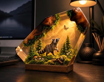 Raccoon Resin Lamp, Woodland Epoxy Night Light, Forest Diorama Desk Decor, Nature Lover Gift for Him or Her, Gaming Room Decor