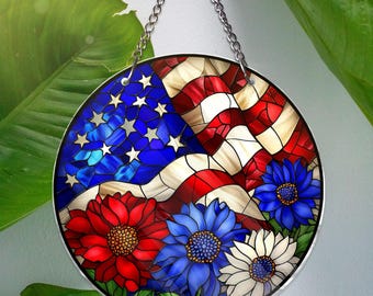 Amerikaanse Vlag Bloem ACRYL Raam Opknoping Amerikaanse Vlag Gebrandschilderd Glas EFFECt Catcher Stijl USA Vlag Patriottische Onafhankelijkheidsdag 4e