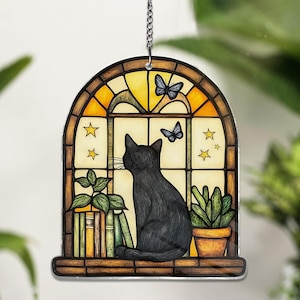 Cat And Book ACRYLIC Suncatcher Ornament, Book Window Decor, Book Lover Gift Reading Cat ACRYLIC Window Hanging Cat Lover Gift, Librarian Gi