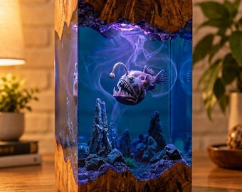 Deep Sea Anglerfish Epoxy Resin Lamp, Handmade Resin Wood Night Light, Ocean Diorama Resin Art, Unique Geek Decor, Birthday Gift for Gamer